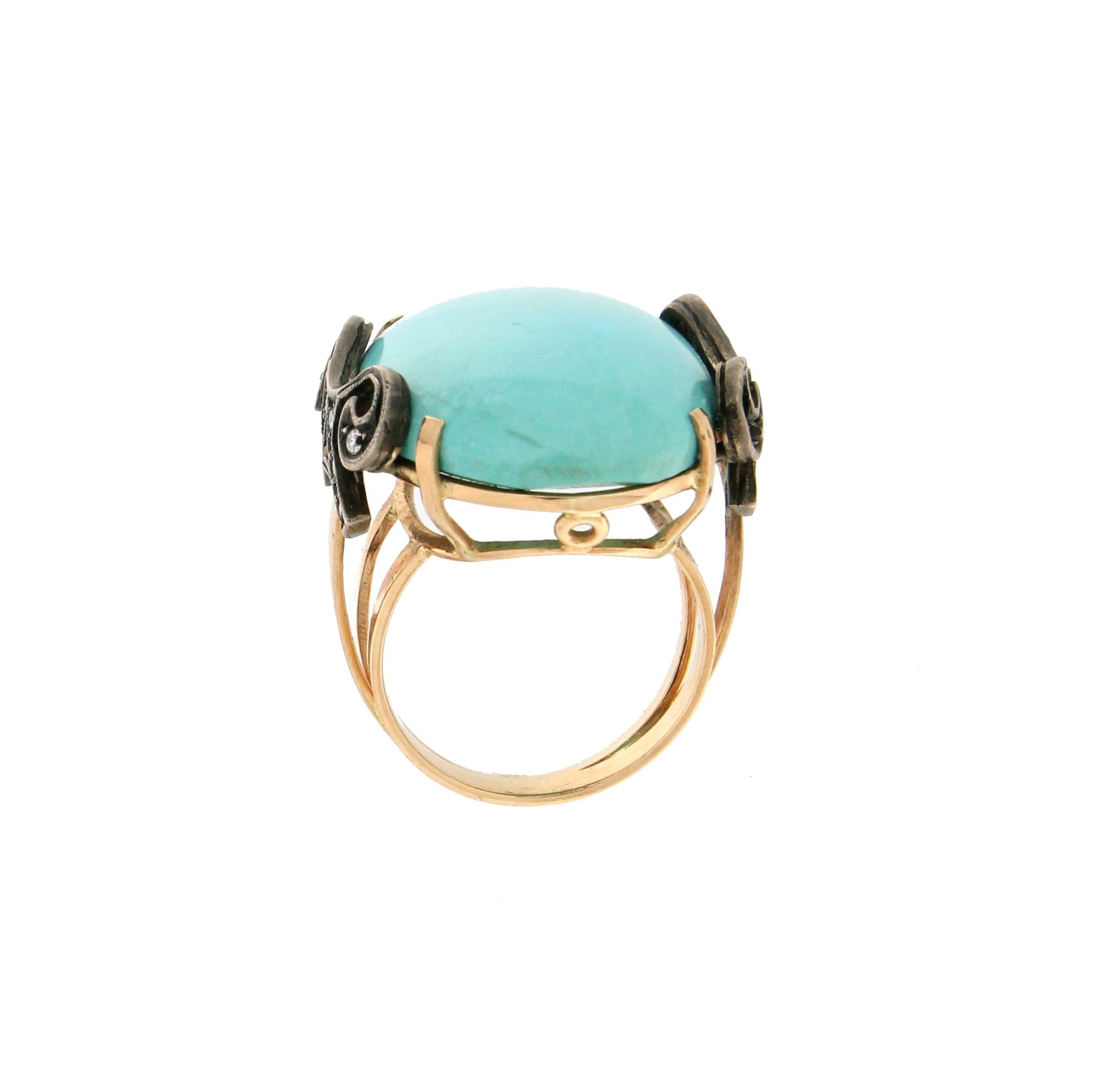 Handcraft Turquoise 14 Karat Yellow Gold Diamonds Cocktail Ring In New Condition For Sale In Marcianise, IT
