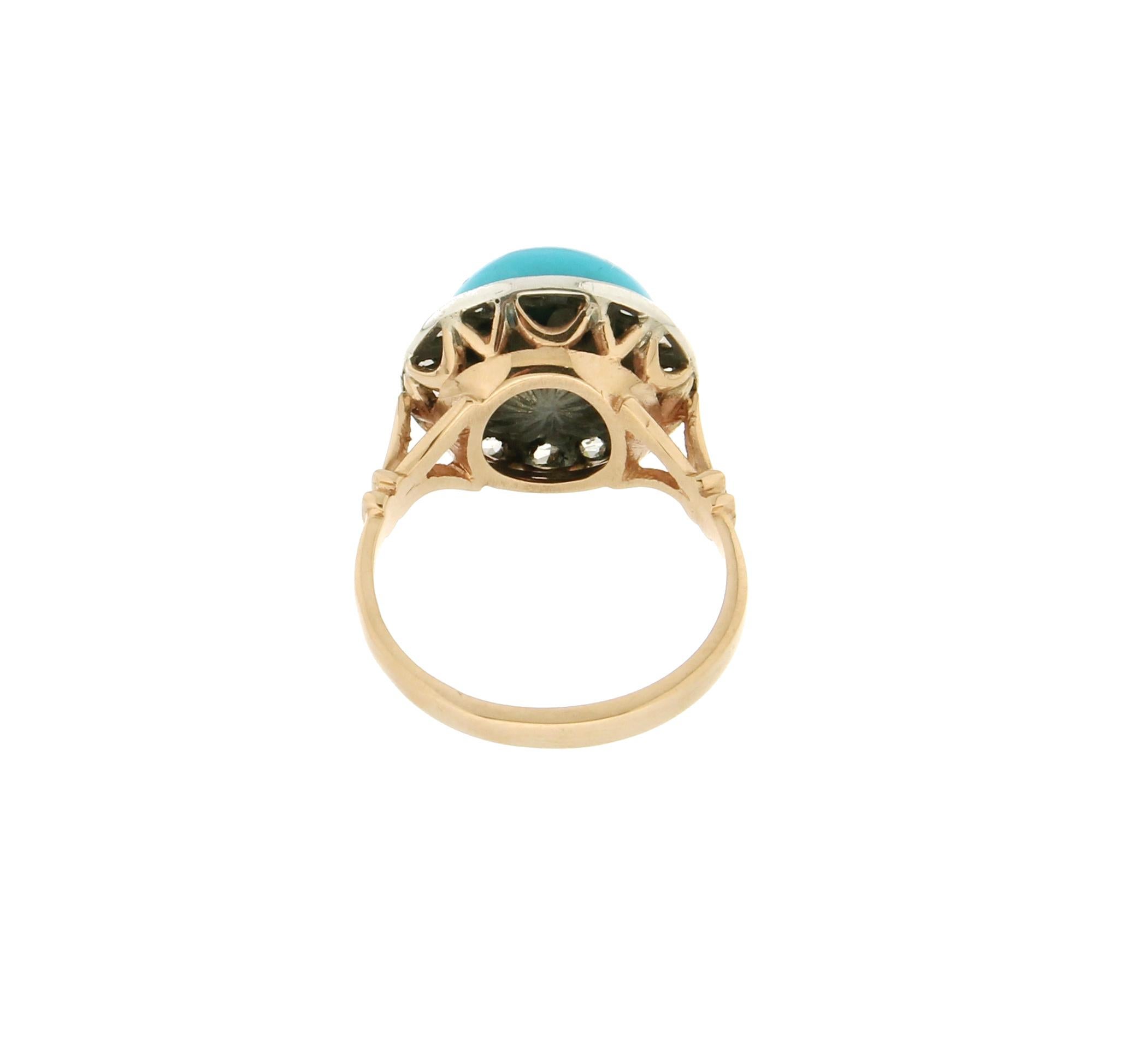Handcraft Turquoise 14 Karat Yellow Gold Diamonds Cocktail Ring In New Condition For Sale In Marcianise, IT