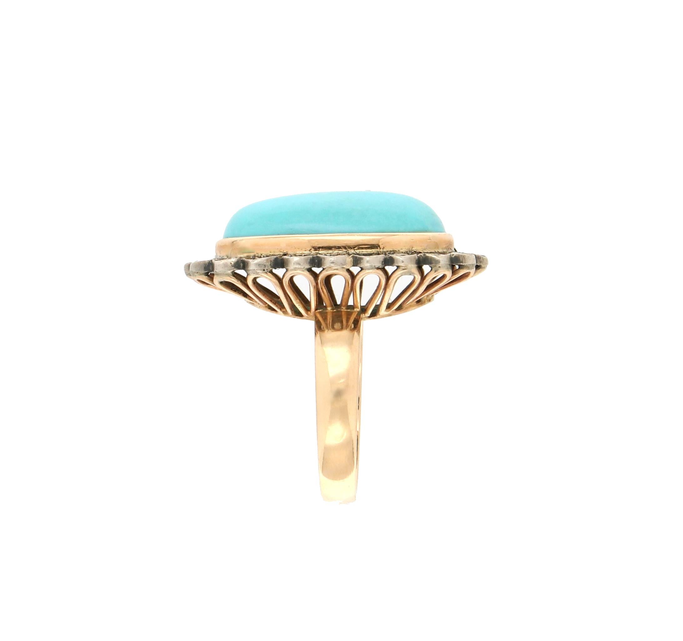 Women's or Men's Handcraft Turquoise 14 Karat Yellow Gold Diamonds Cocktail Ring For Sale