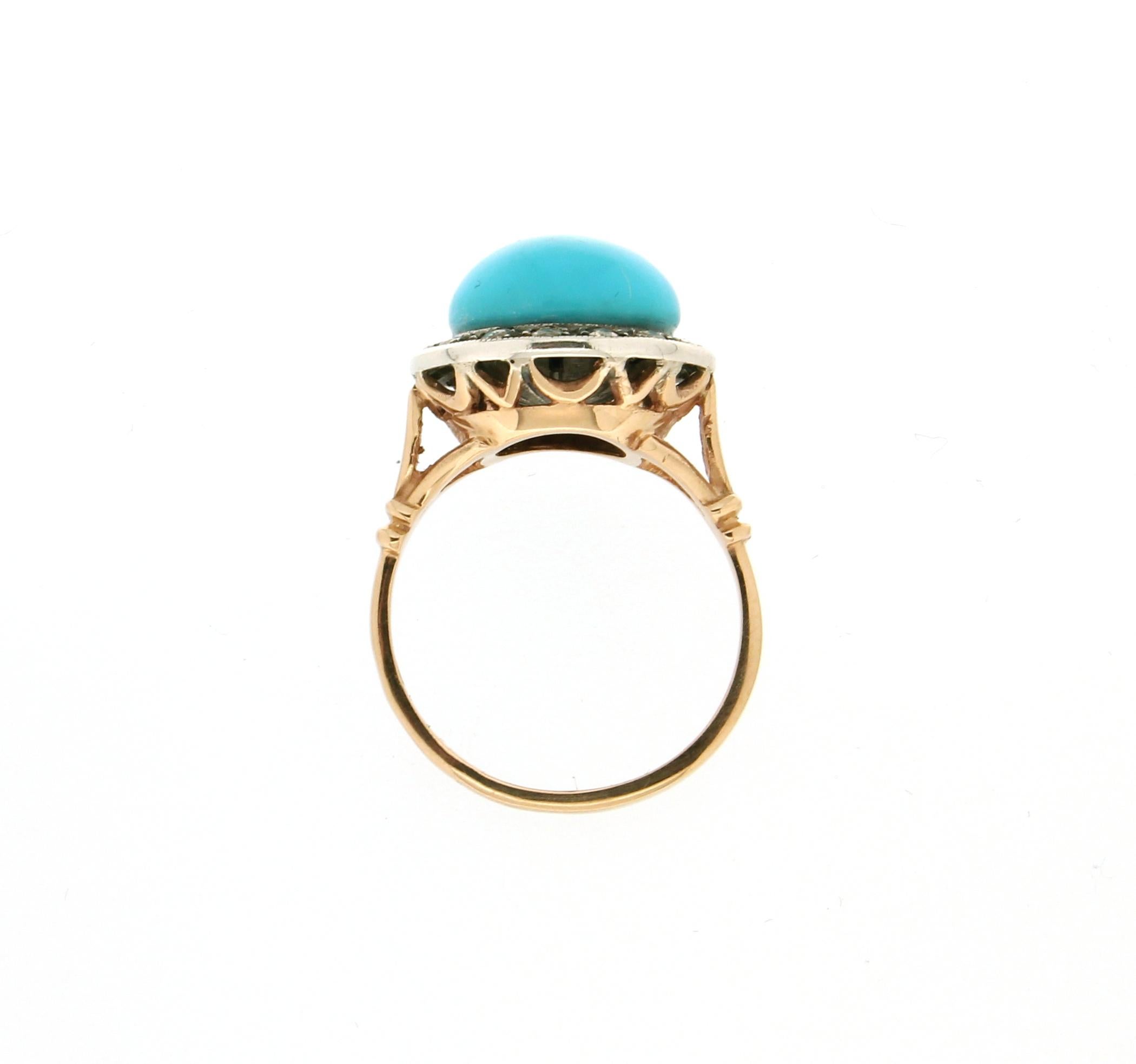 Women's Handcraft Turquoise 14 Karat Yellow Gold Diamonds Cocktail Ring For Sale