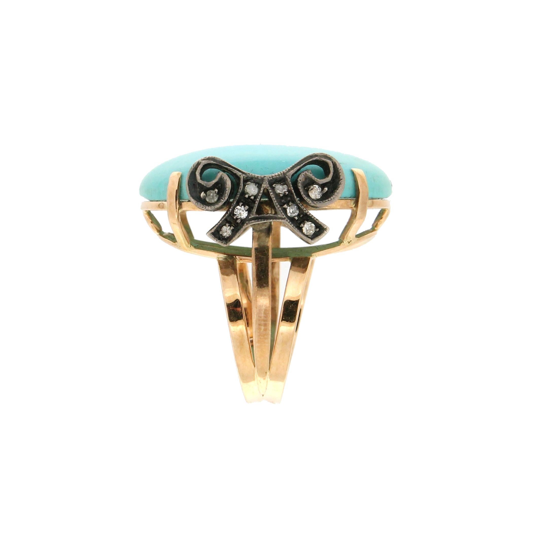 Handcraft Turquoise 14 Karat Yellow Gold Diamonds Cocktail Ring For Sale 1