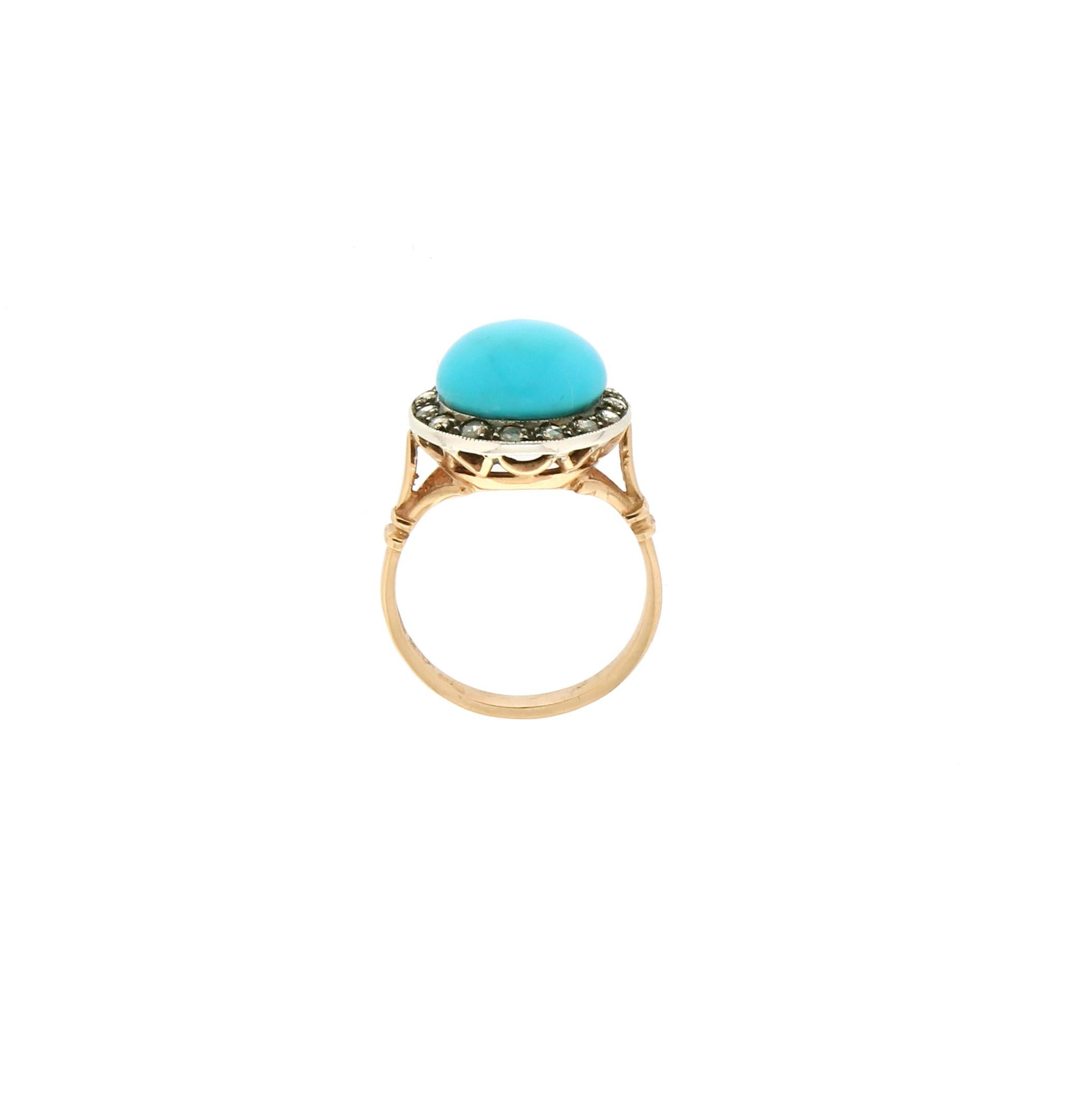 Handcraft Turquoise 14 Karat Yellow Gold Diamonds Cocktail Ring For Sale 1