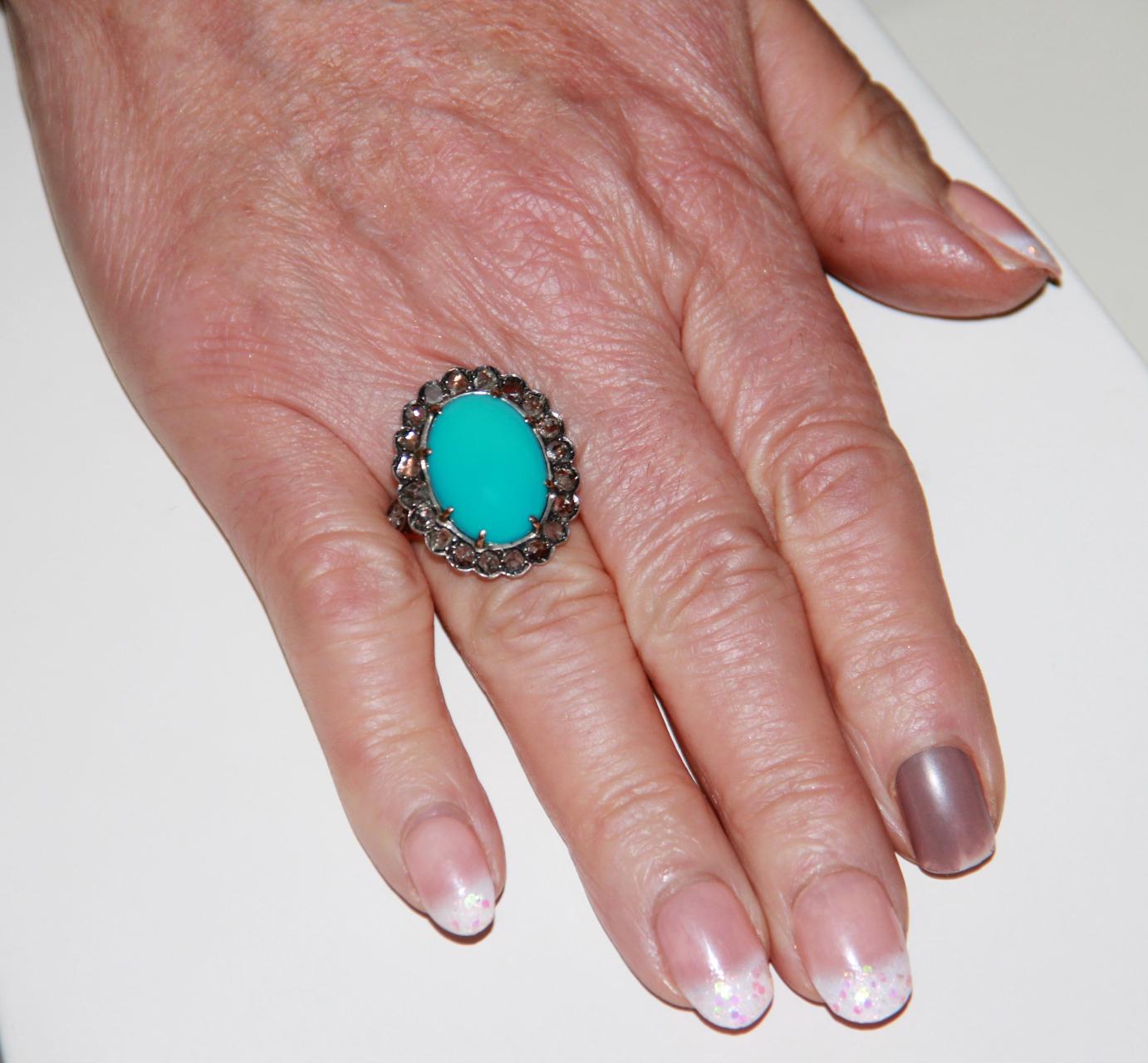 Handcraft Turquoise 14 Karat Yellow Gold Diamonds Cocktail Ring For Sale 3