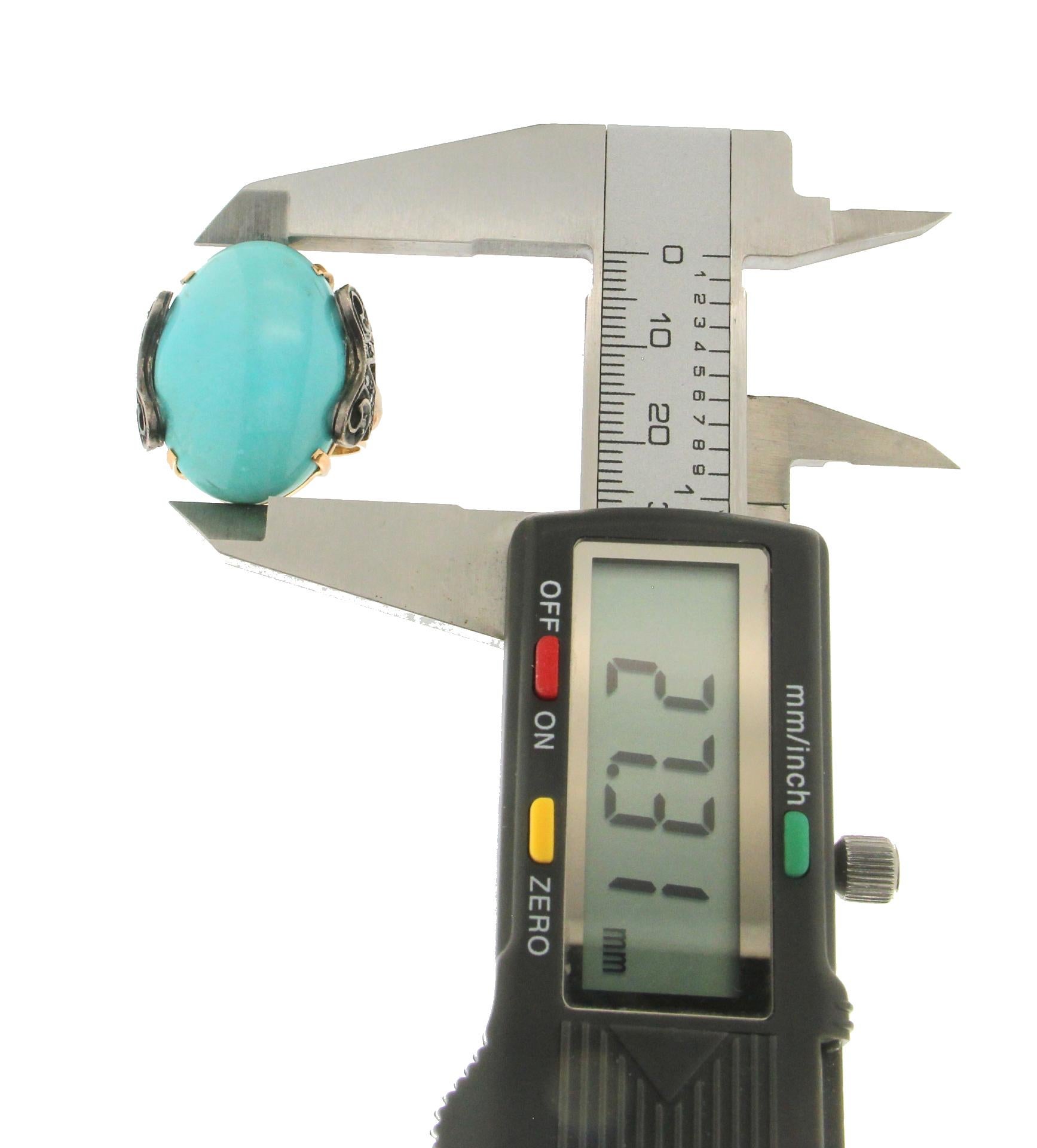 Handcraft Turquoise 14 Karat Yellow Gold Diamonds Cocktail Ring 2