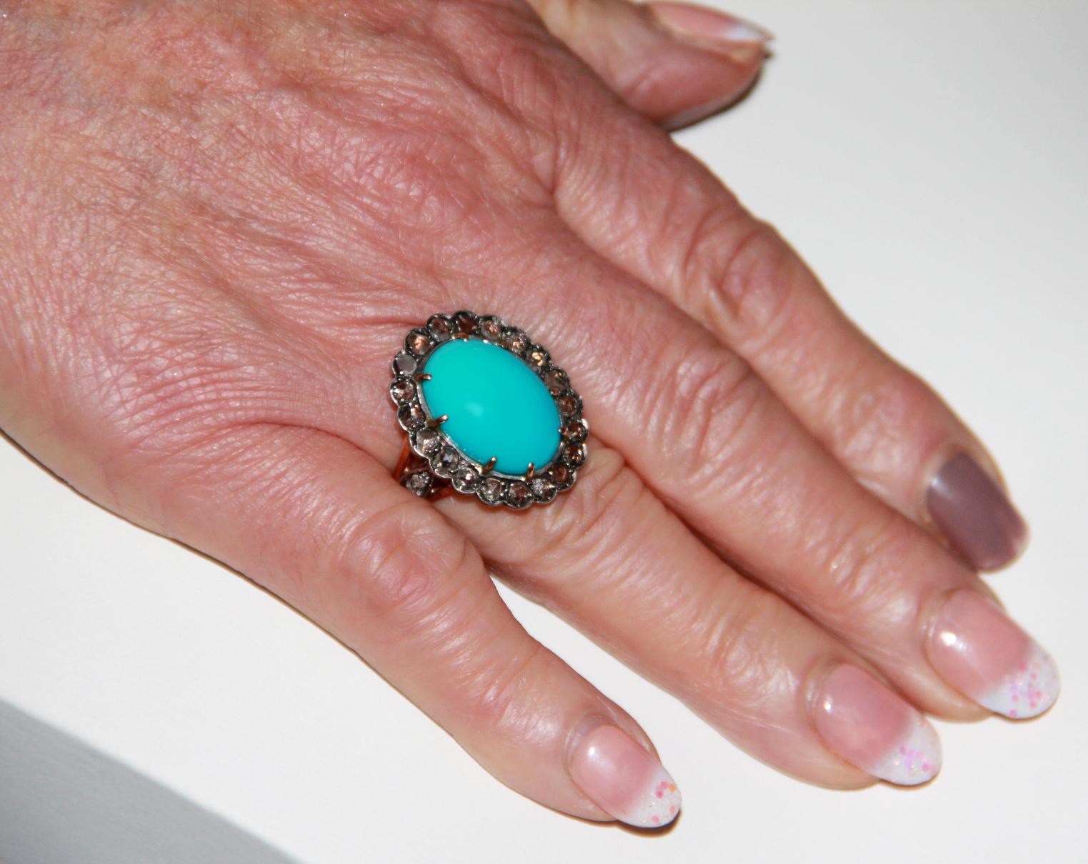 Handcraft Turquoise 14 Karat Yellow Gold Diamonds Cocktail Ring For Sale 4