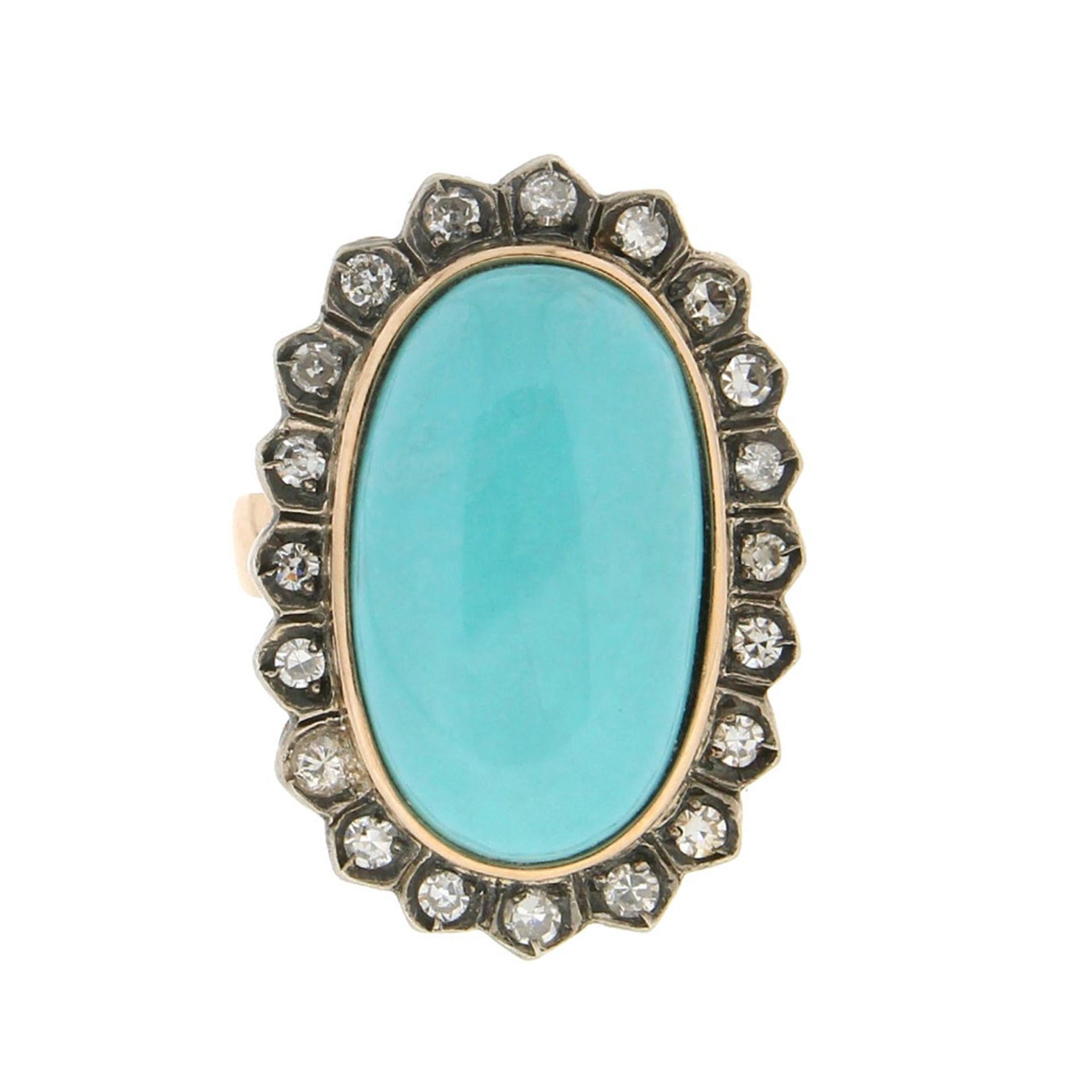 Anillo Cóctel Turquesa Artesanal Oro Amarillo 14 Kilates Diamantes