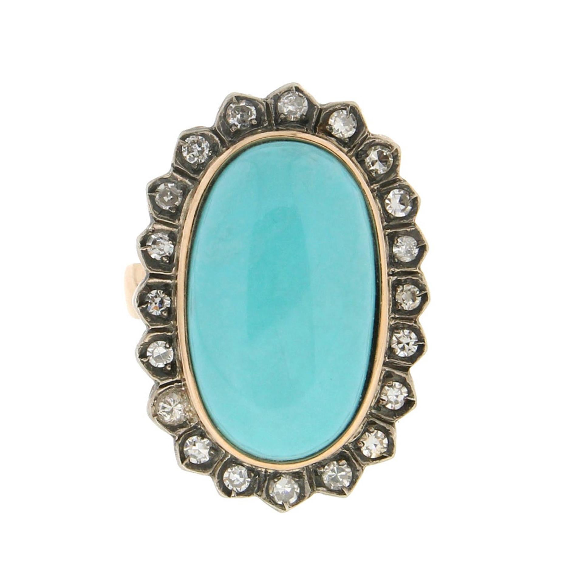 Bague cocktail artisanale en or jaune 14 carats avec turquoise et diamants