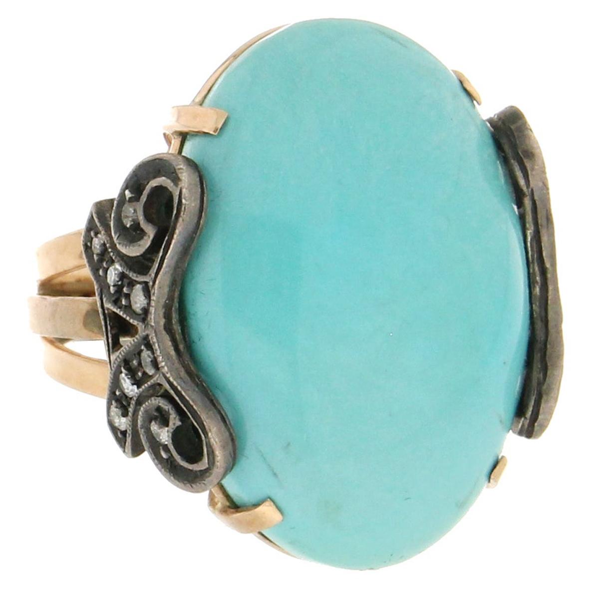 Handcraft Turquoise 14 Karat Yellow Gold Diamonds Cocktail Ring For Sale