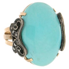 Handcraft Turquoise 14 Karat Yellow Gold Diamonds Cocktail Ring