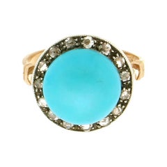 Handcraft Turquoise 14 Karat Yellow Gold Diamonds Cocktail Ring
