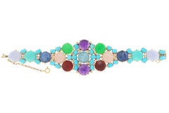 Handcraft Turquoise 14 Karat Yellow Gold Diamonds Cuff Bracelet