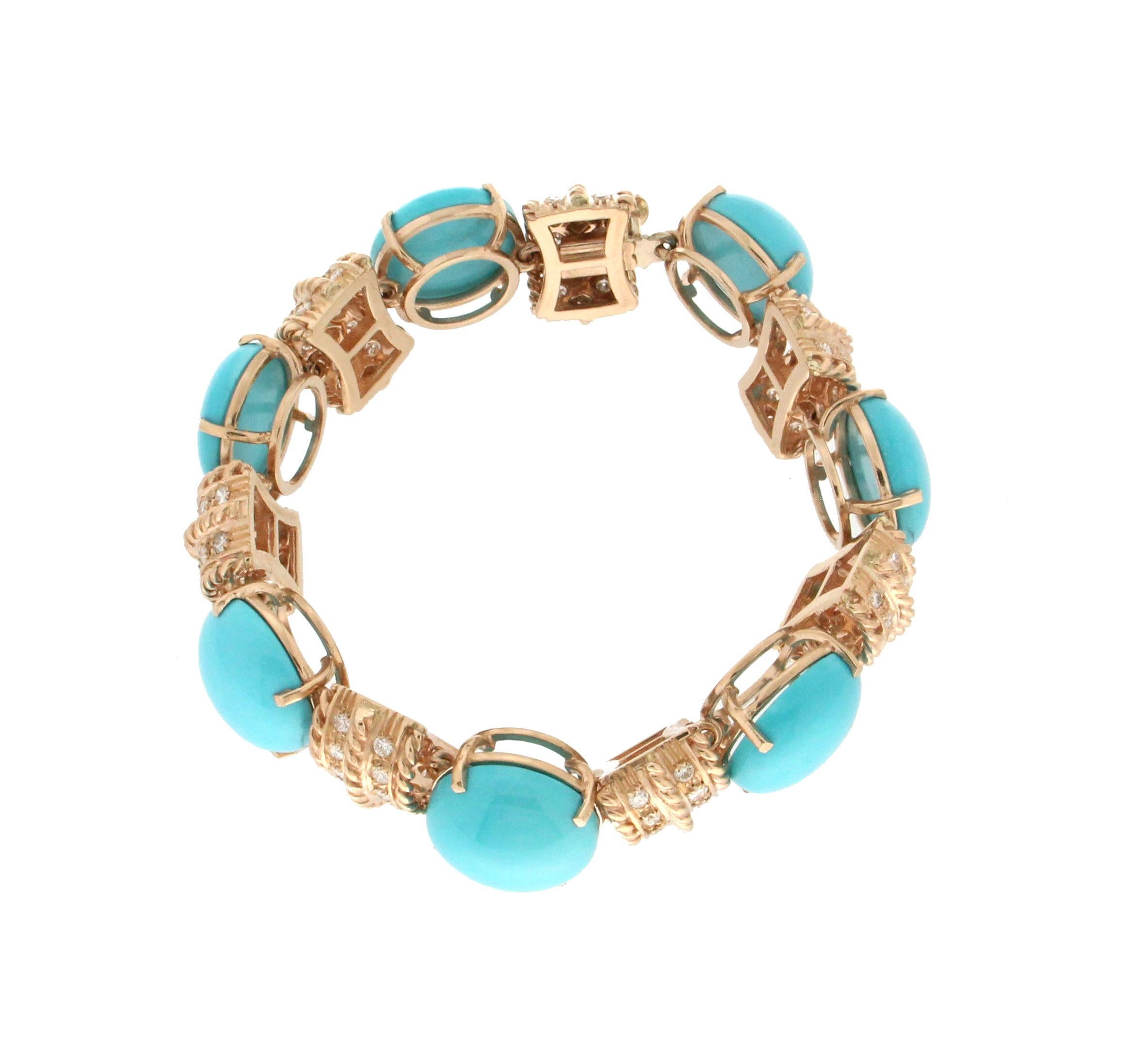 Handcraft Turquoise 14 Karat Yellow Gold Diamonds Cuff Bracelet In New Condition In Marcianise, IT