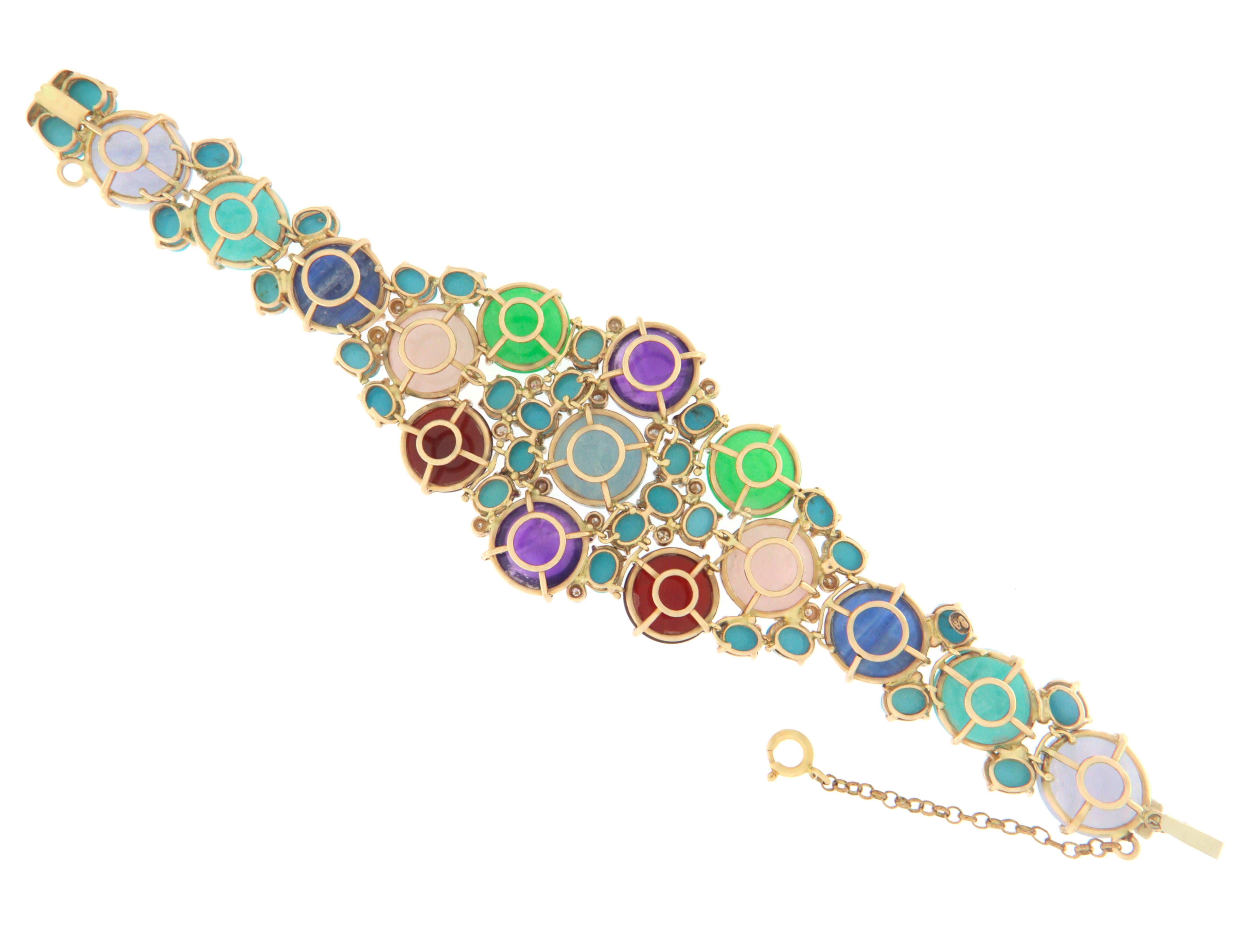 Women's Handcraft Turquoise 14 Karat Yellow Gold Diamonds Cuff Bracelet
