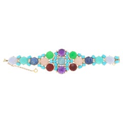 Bracelet manchette en or jaune 14 carats avec diamants et turquoise Handcraft