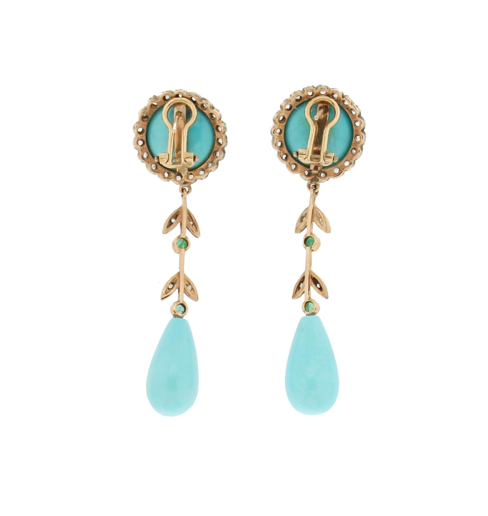 Rose Cut Handcraft Turquoise 14 Karat Yellow Gold Diamonds EmeraldsDrop Earrings