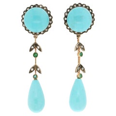 Handcraft Turquoise 14 Karat Yellow Gold Diamonds EmeraldsDrop Earrings