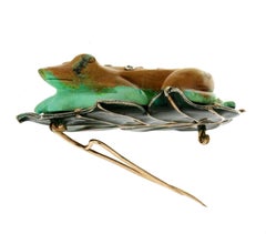Handcraft Turquoise 14 Karat Yellow Gold Diamonds Frog Brooch