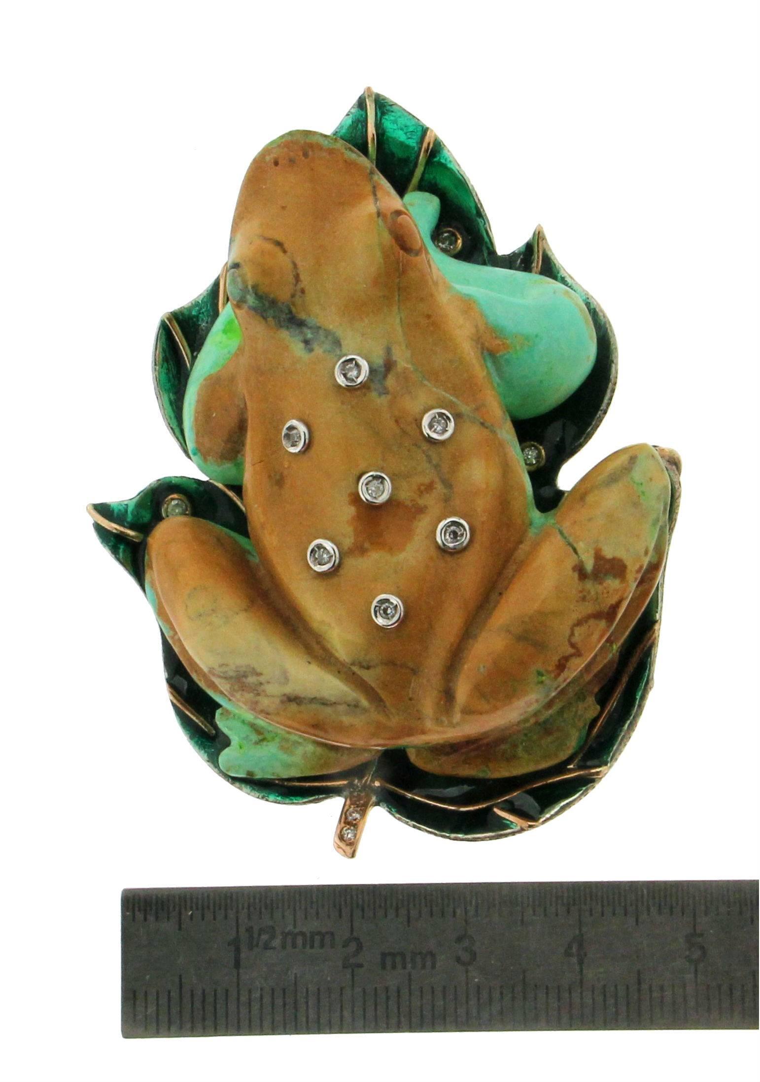 Brilliant Cut Handcraft Turquoise 14 Karat Yellow Gold Diamonds Frog Brooch