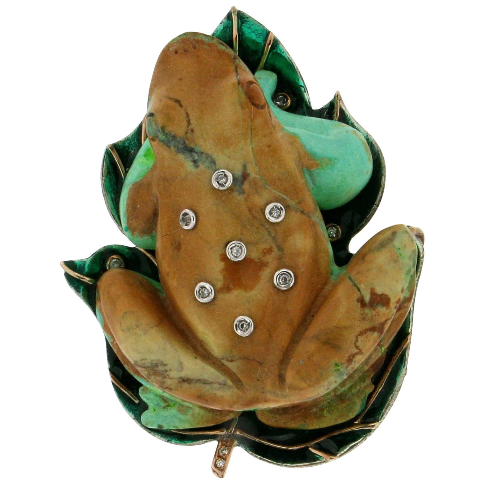 Handcraft Turquoise 14 Karat Yellow Gold Diamonds Frog Brooch