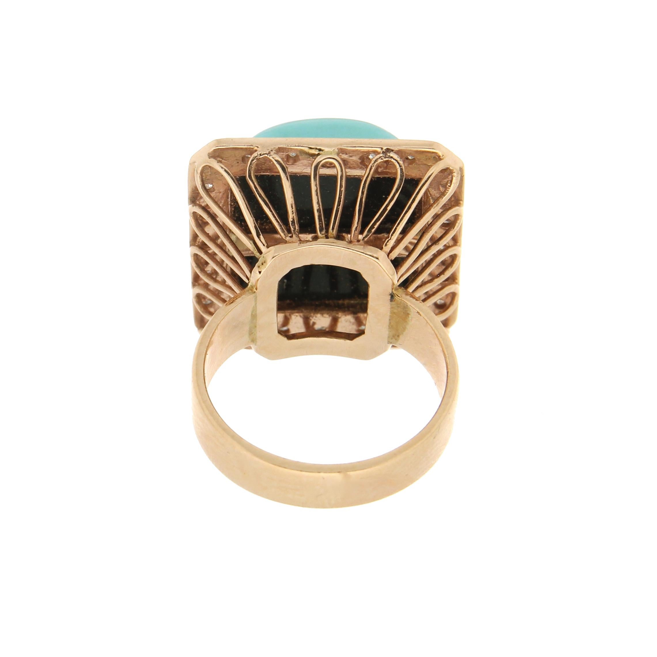 Brilliant Cut Handcraft Turquoise 14 Karat Yellow Gold Diamonds Onyx Cocktail Ring For Sale