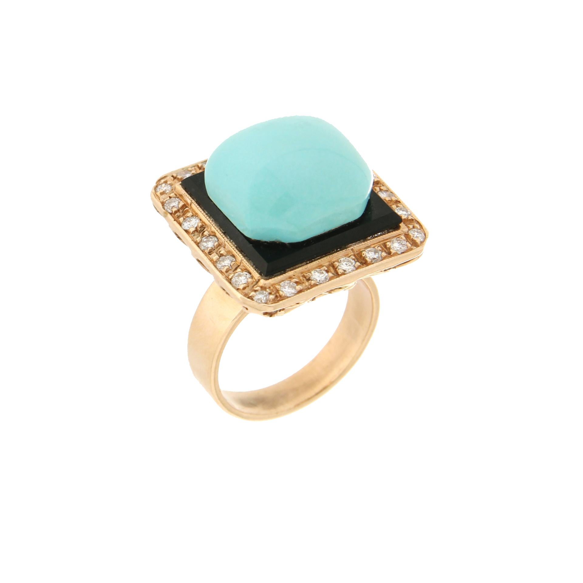 Handcraft Turquoise 14 Karat Yellow Gold Diamonds Onyx Cocktail Ring In New Condition For Sale In Marcianise, IT