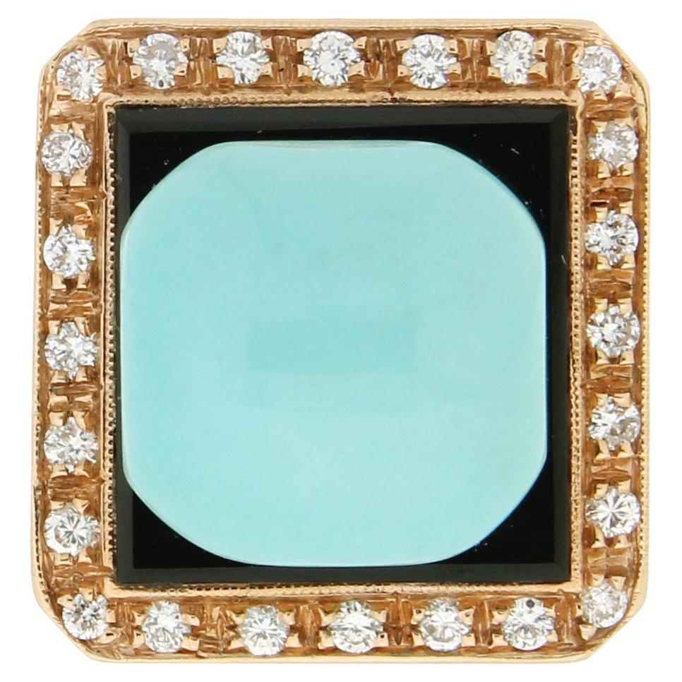 Bague de cocktail en or jaune 14 carats Turquoise Onyx Diamants Handcraft