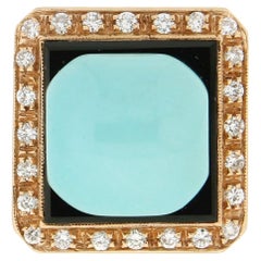 Handcraft Turquoise 14 Karat Yellow Gold Diamonds Onyx Cocktail Ring