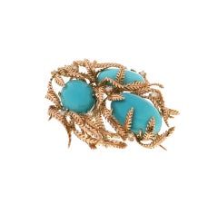 Vintage Natural Turquoise & Diamond 14K Yellow Gold Convertible Brooch Pendant