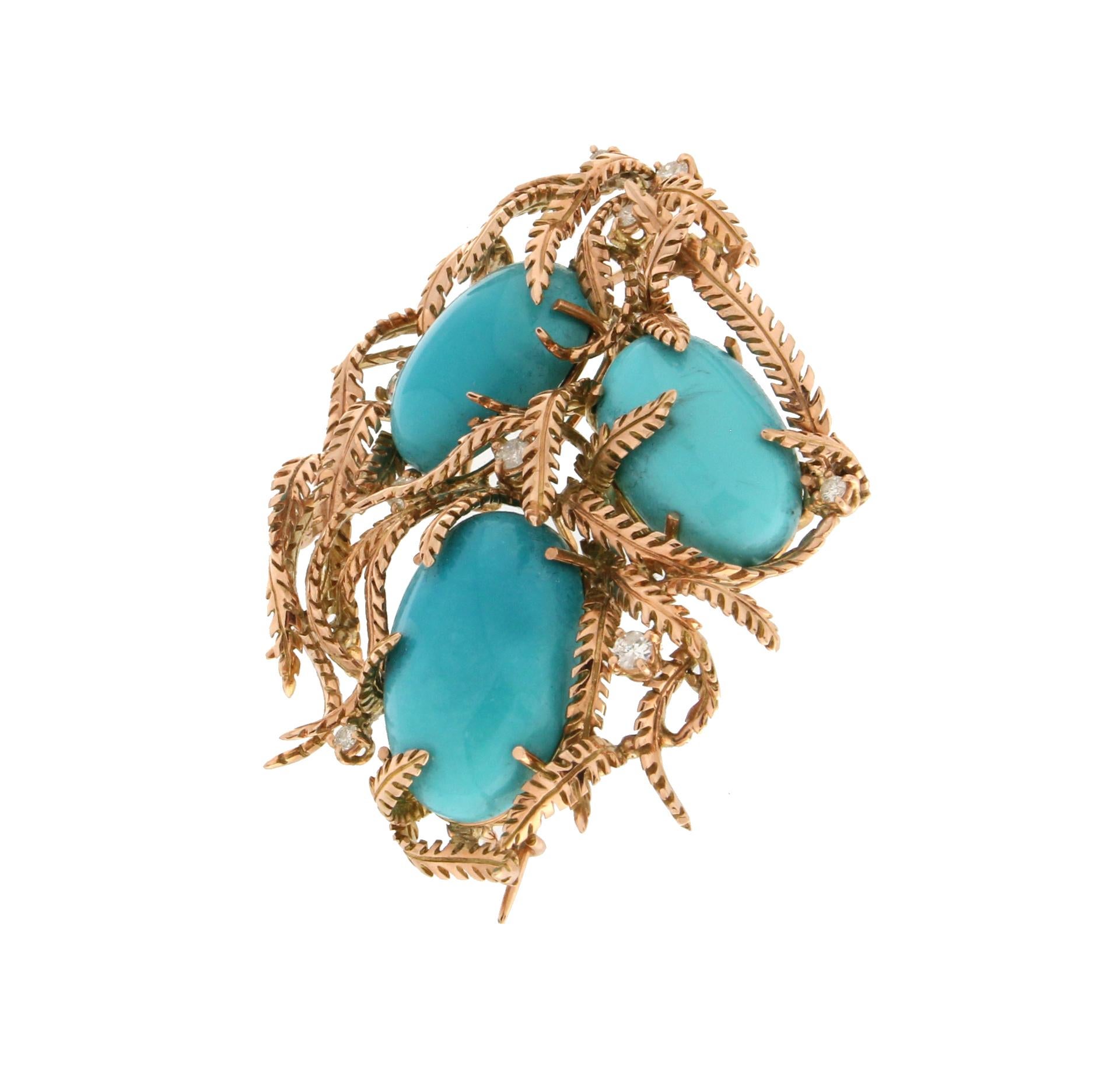 Brilliant Cut Handcraft Turquoise 14 Karat Yellow Gold Diamonds Pendant Necklace and Brooch For Sale