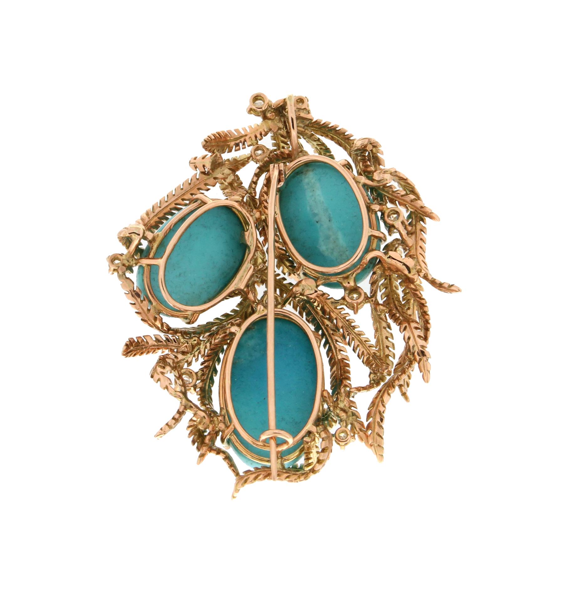 Handcraft Turquoise 14 Karat Yellow Gold Diamonds Pendant Necklace and Brooch In New Condition For Sale In Marcianise, IT