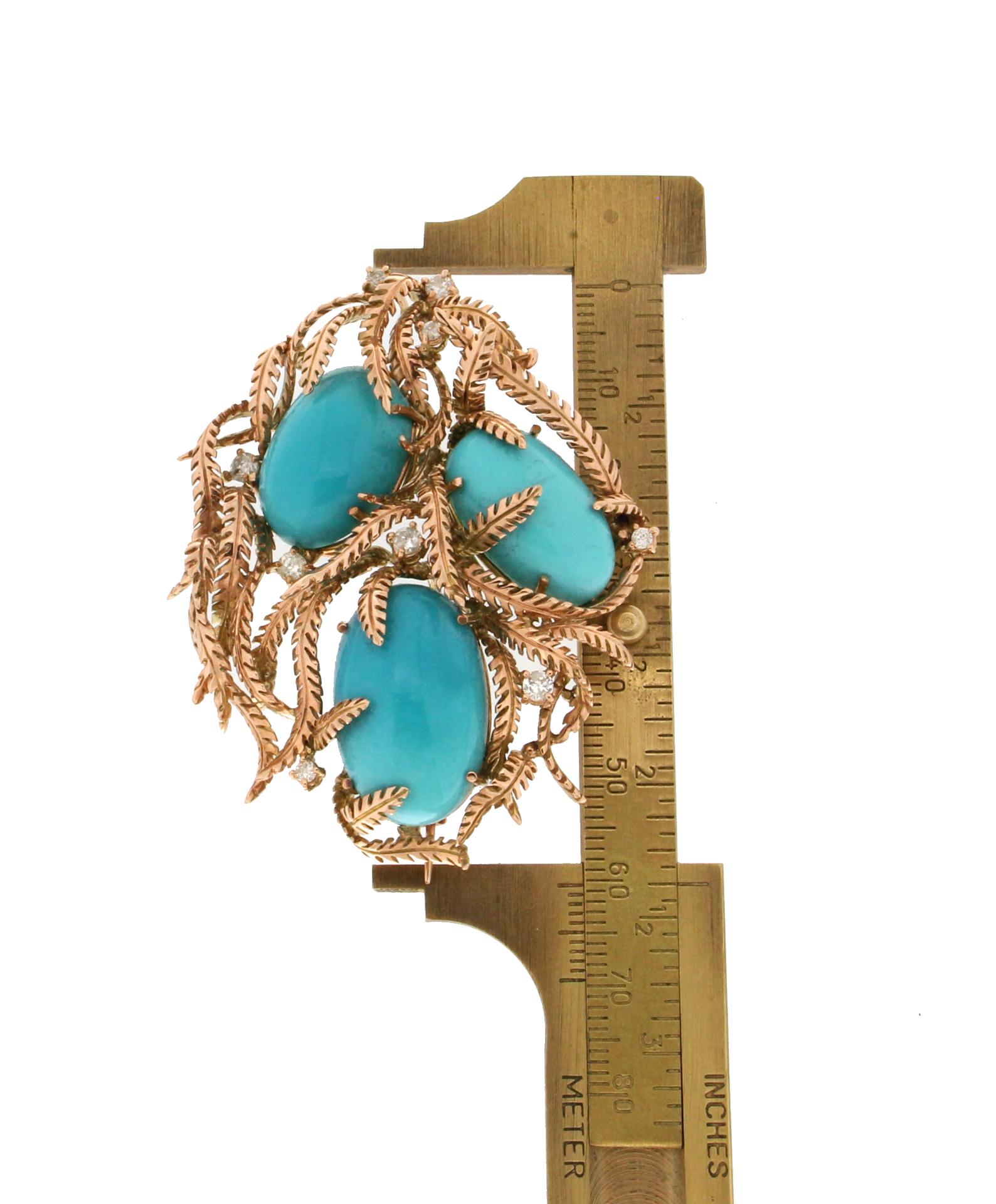 Handcraft Turquoise 14 Karat Yellow Gold Diamonds Pendant Necklace and Brooch For Sale 3