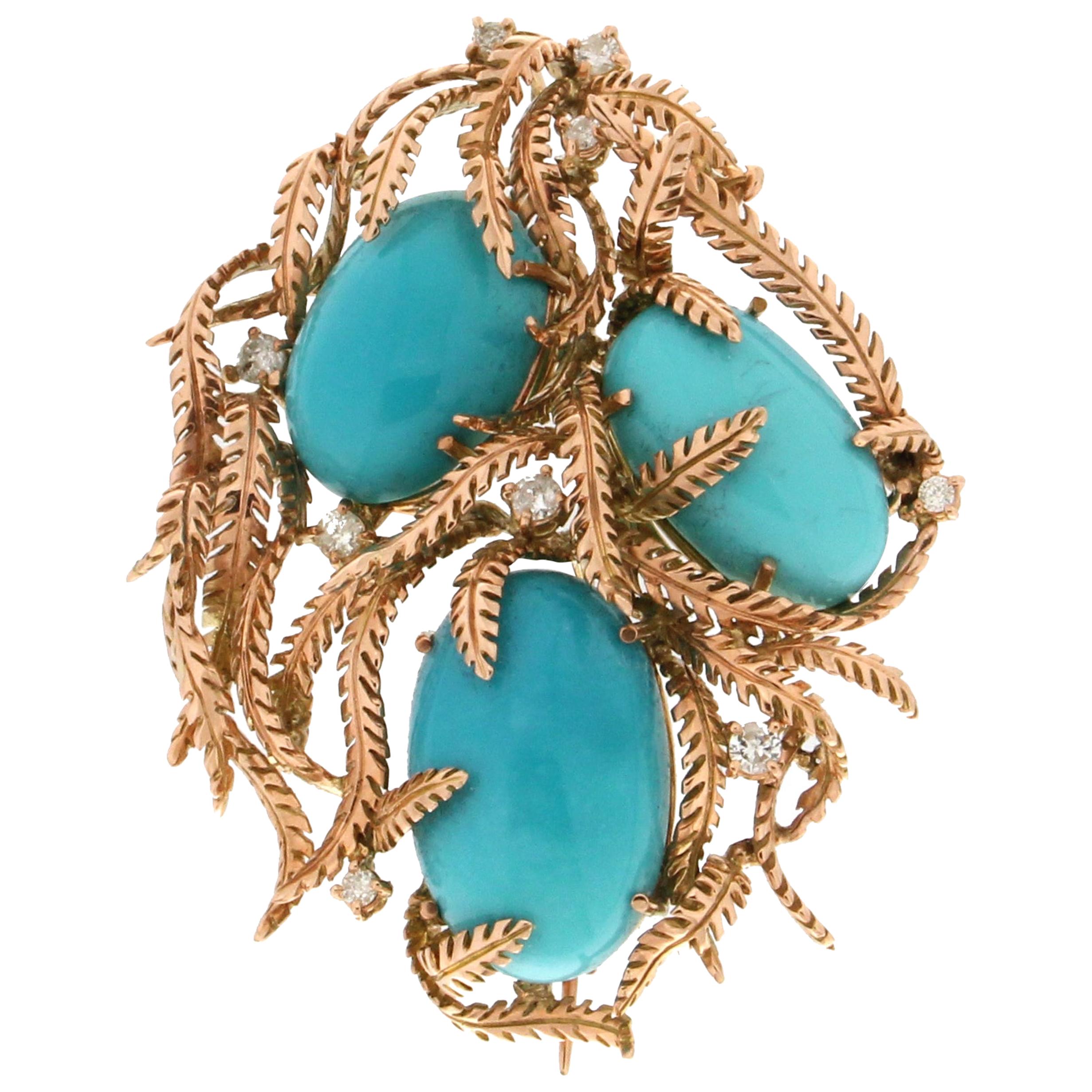 Handcraft Turquoise 14 Karat Yellow Gold Diamonds Pendant Necklace and Brooch