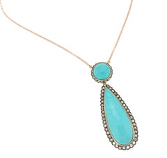 Handcraft Turquoise 14 Karat Yellow Gold Diamonds Pendant Necklace