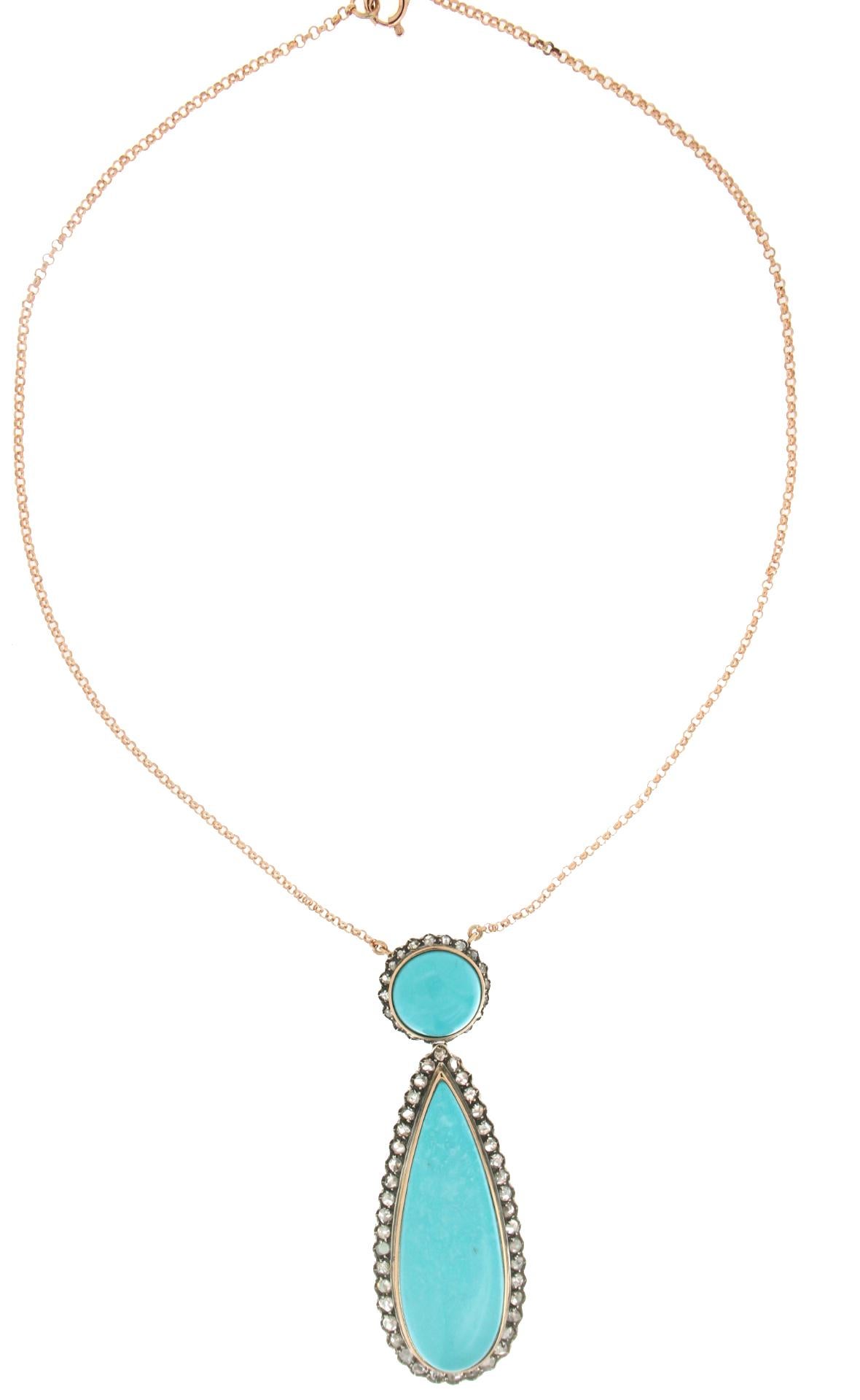 Artisan Handcraft Turquoise 14 Karat Yellow Gold Diamonds Pendant Necklace For Sale