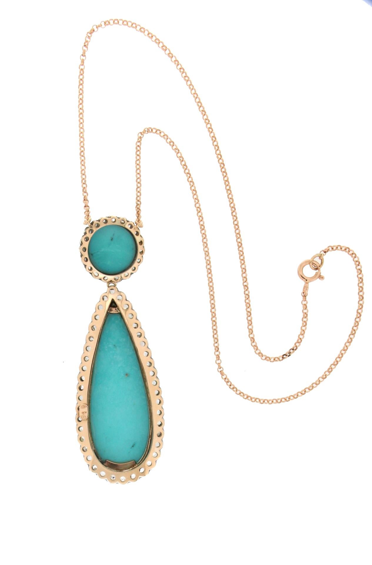 Handcraft Turquoise 14 Karat Yellow Gold Diamonds Pendant Necklace In New Condition For Sale In Marcianise, IT