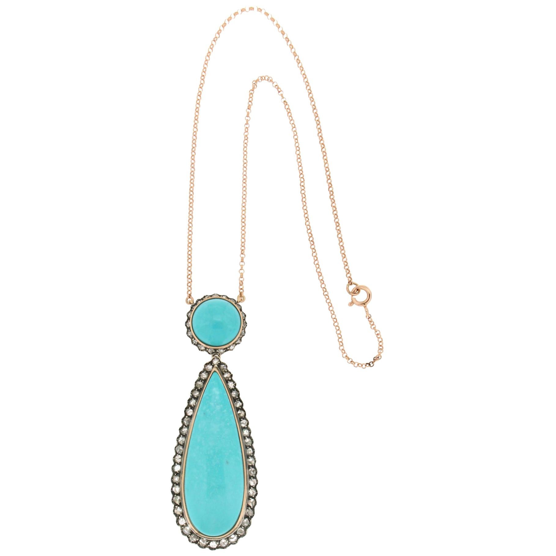 Collier pendentif artisanal en or jaune 14 carats avec turquoises et diamants