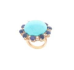 Handcraft Turquoise 14 Karat Yellow Gold Diamonds Sapphires Cocktail Ring