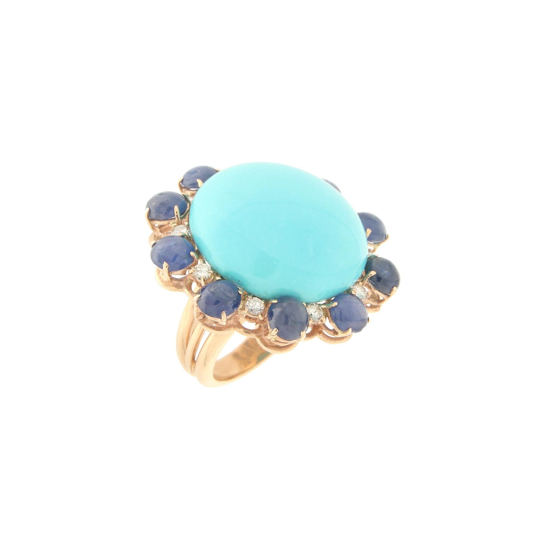 Brilliant Cut Handcraft Turquoise 14 Karat Yellow Gold Diamonds Sapphires Cocktail Ring For Sale