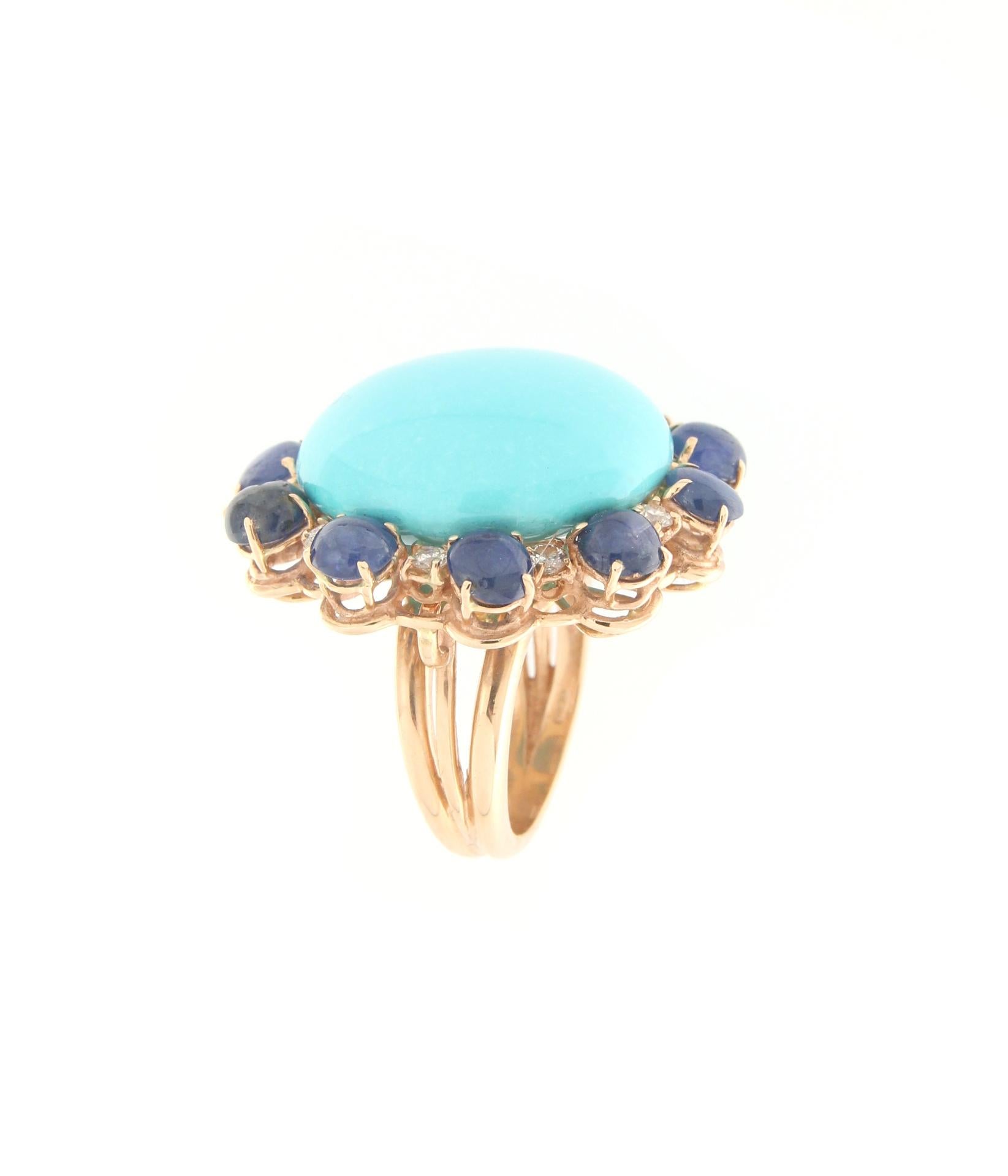 Handcraft Turquoise 14 Karat Yellow Gold Diamonds Sapphires Cocktail Ring In New Condition For Sale In Marcianise, IT