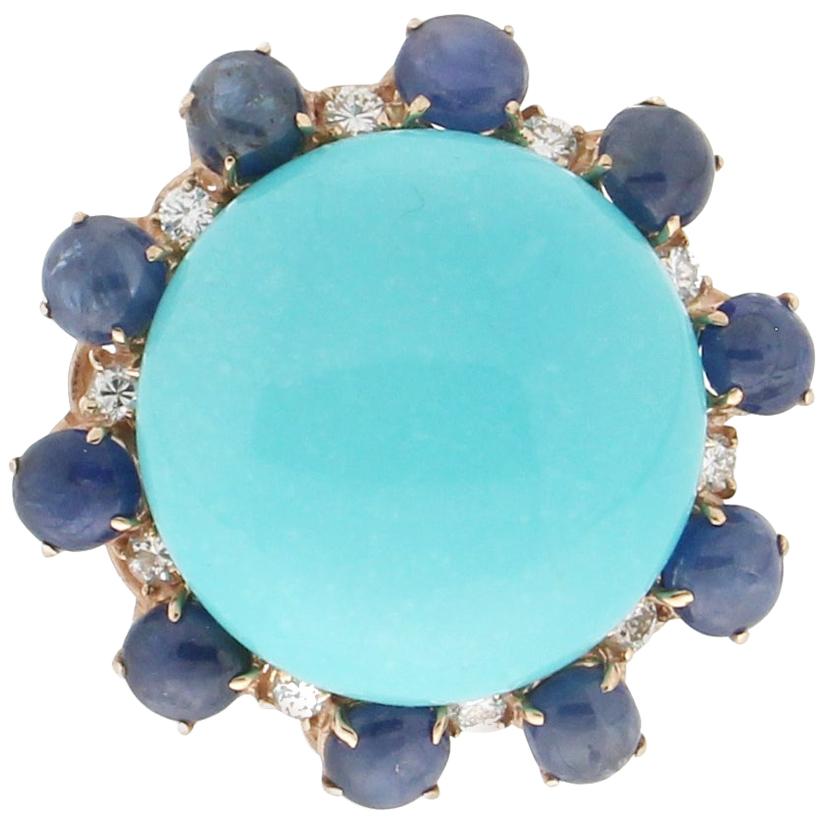Handcraft Turquoise 14 Karat Yellow Gold Diamonds Sapphires Cocktail Ring For Sale