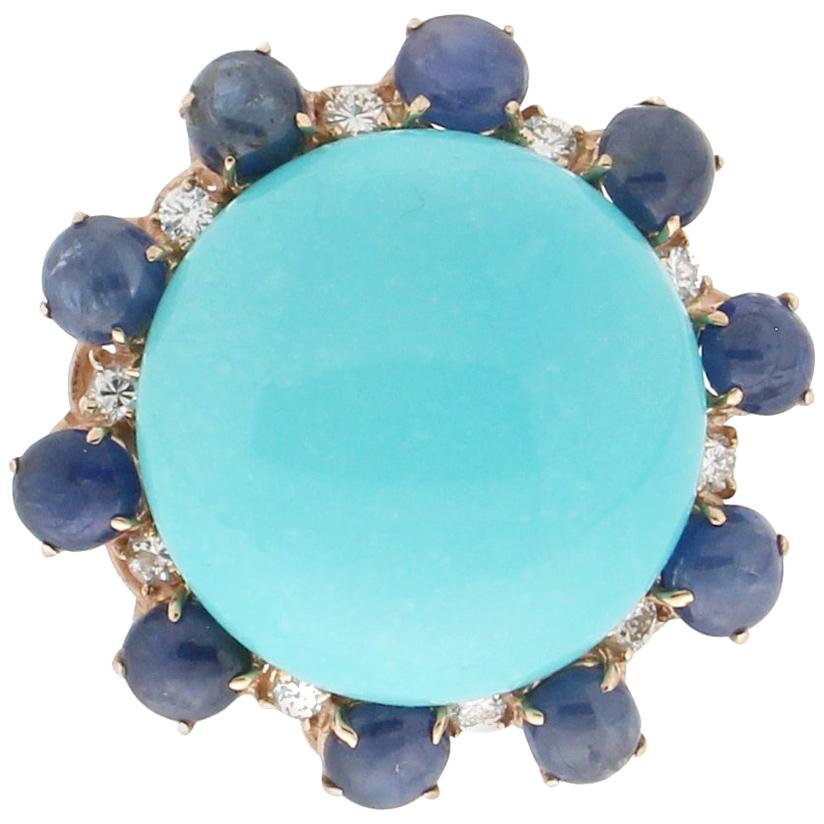 Anillo Cóctel Turquesa Artesanal Oro Amarillo 14 Kilates Diamantes Zafiros