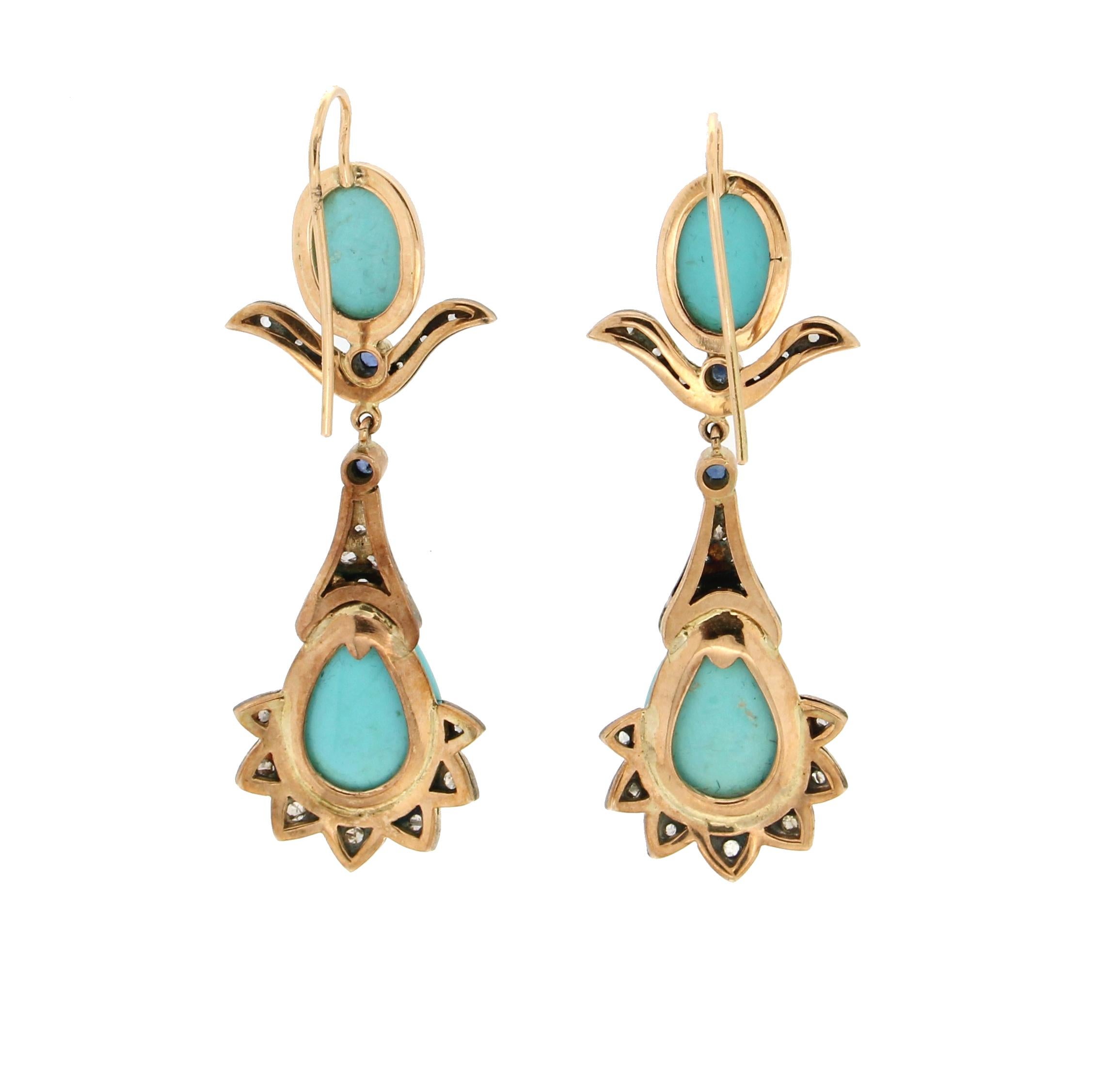 Handcraft Turquoise 14 Karat Yellow Gold Diamonds Sapphires Drop Earrings In New Condition For Sale In Marcianise, IT