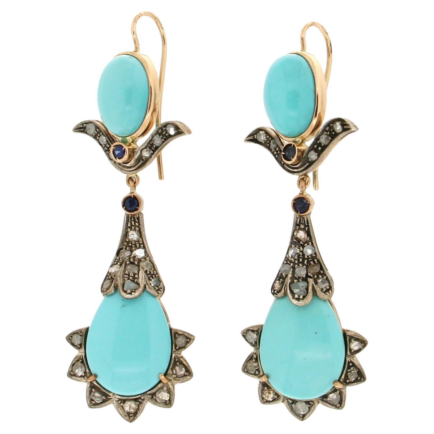 Boucles d'oreilles pendantes artisanales en or jaune 14 carats avec turquoise, diamants et saphirs