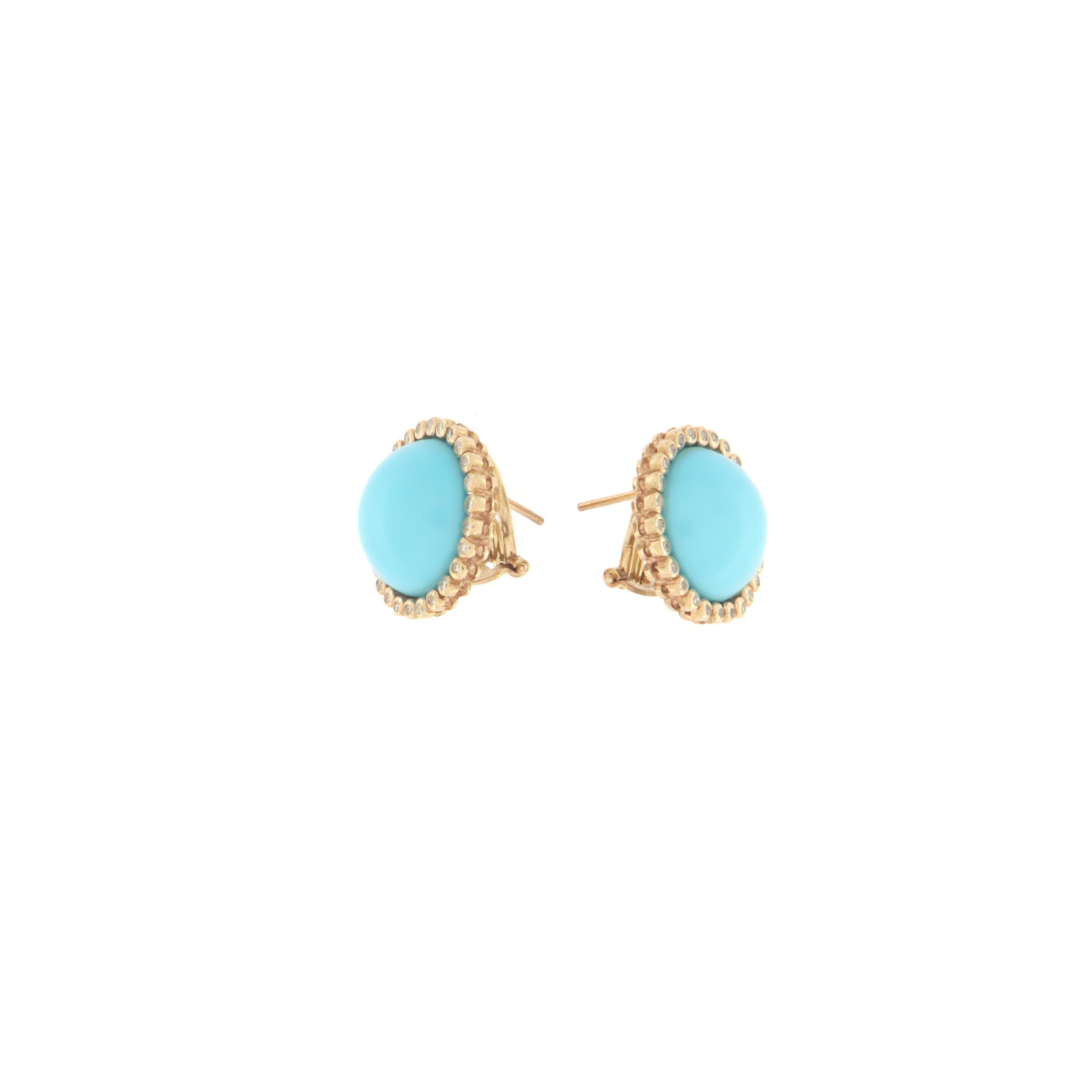 Artisan Turquoise Diamonds  14 Karat Yellow Gold  Stud Earrings For Sale