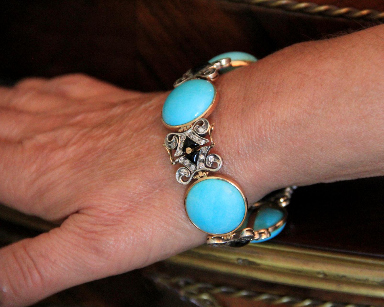 Handcraft Turquoise 14 Karat Yellow Gold Onyx Diamonds Cuff Bracelet For Sale 4