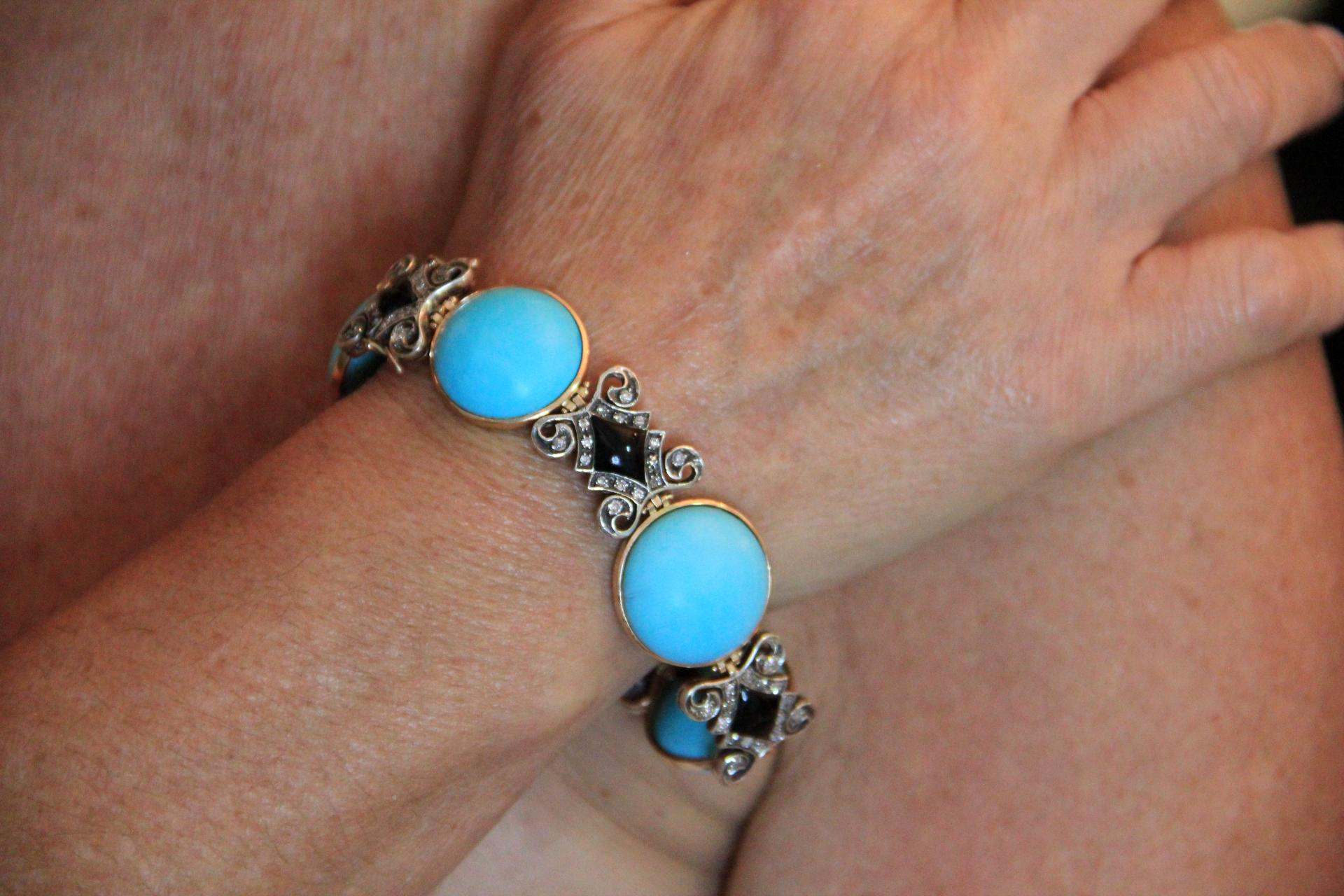 Handcraft Turquoise 14 Karat Yellow Gold Onyx Diamonds Cuff Bracelet For Sale 5