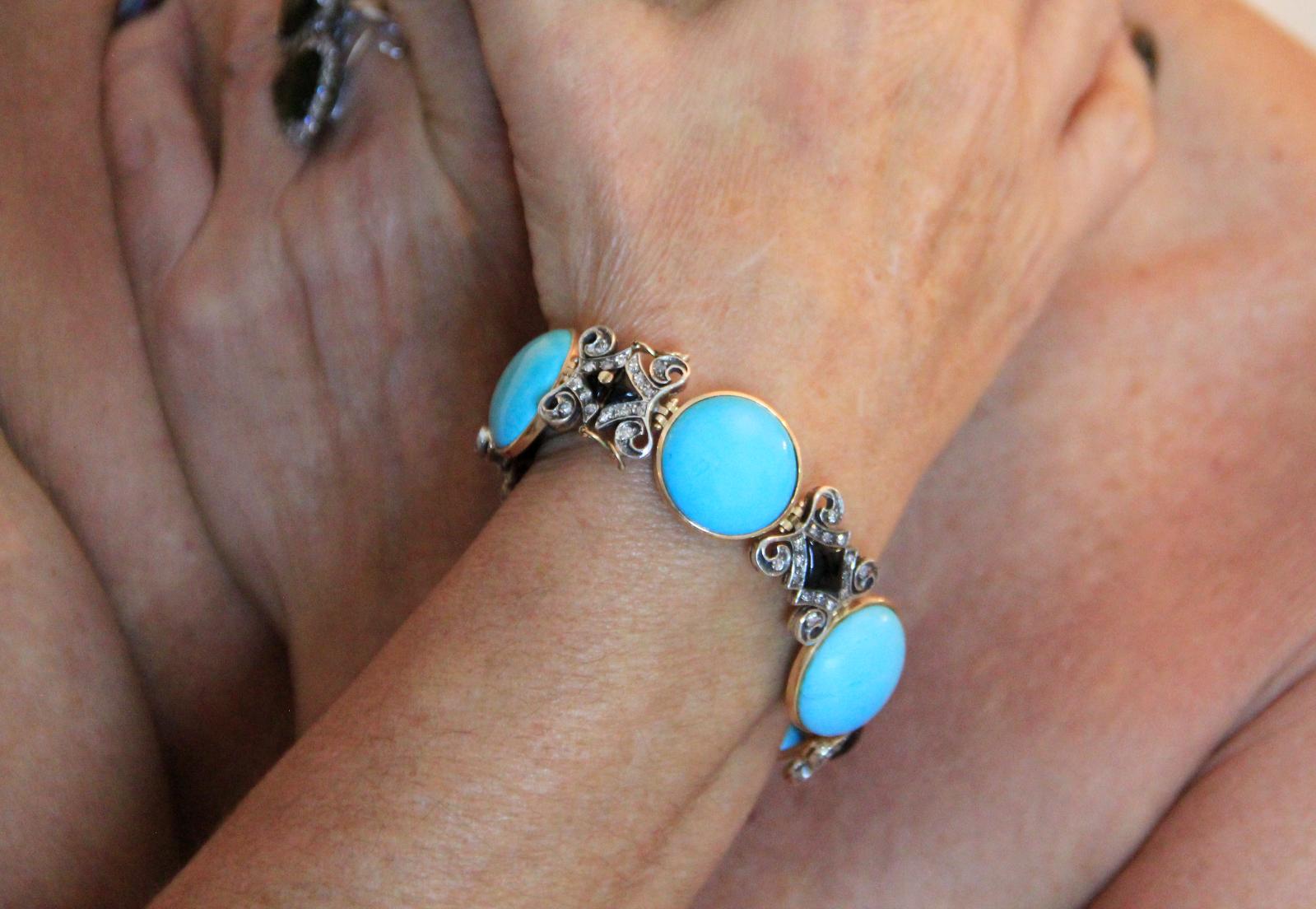 Handcraft Turquoise 14 Karat Yellow Gold Onyx Diamonds Cuff Bracelet For Sale 6