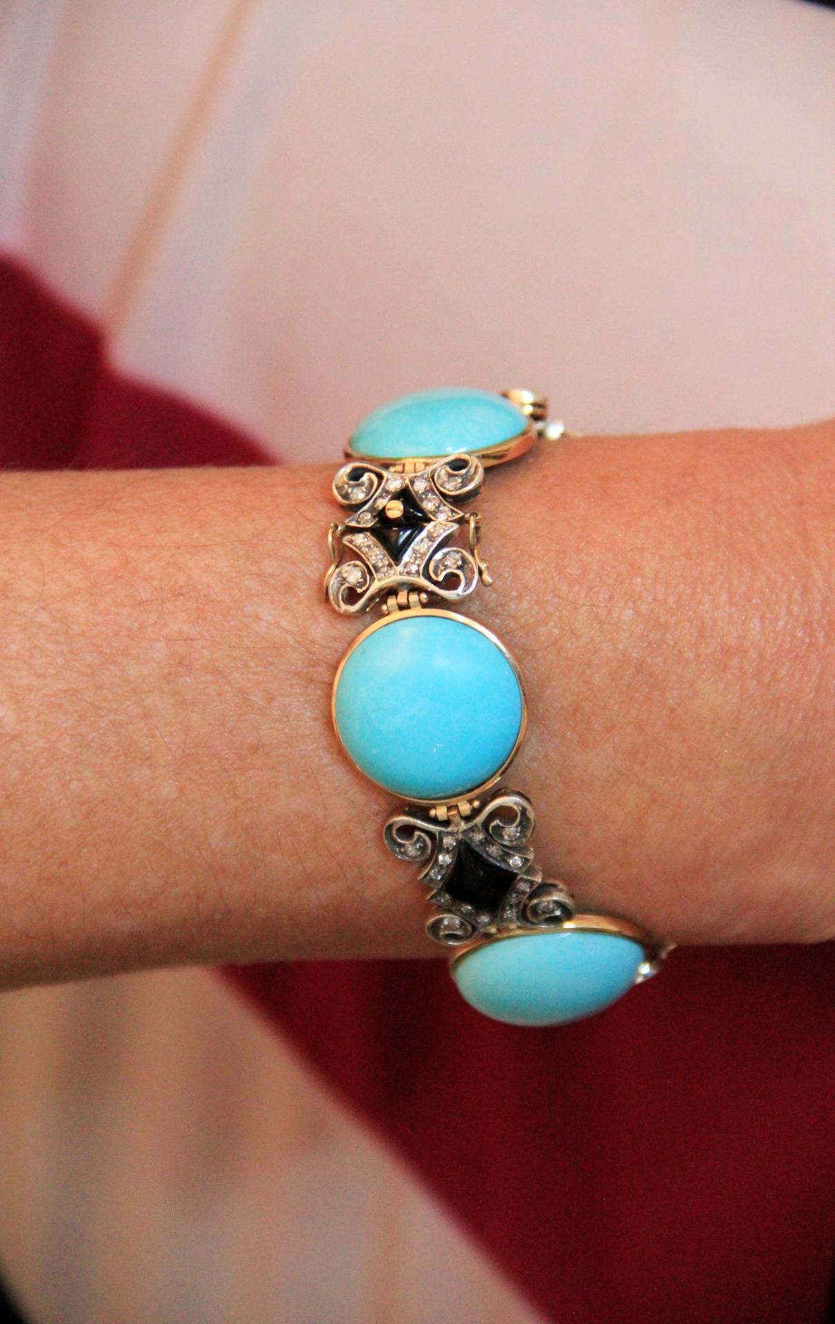 Handcraft Turquoise 14 Karat Yellow Gold Onyx Diamonds Cuff Bracelet For Sale 8