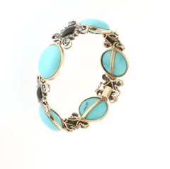 Handcraft Turquoise 14 Karat Yellow Gold Onyx Diamonds Cuff Bracelet