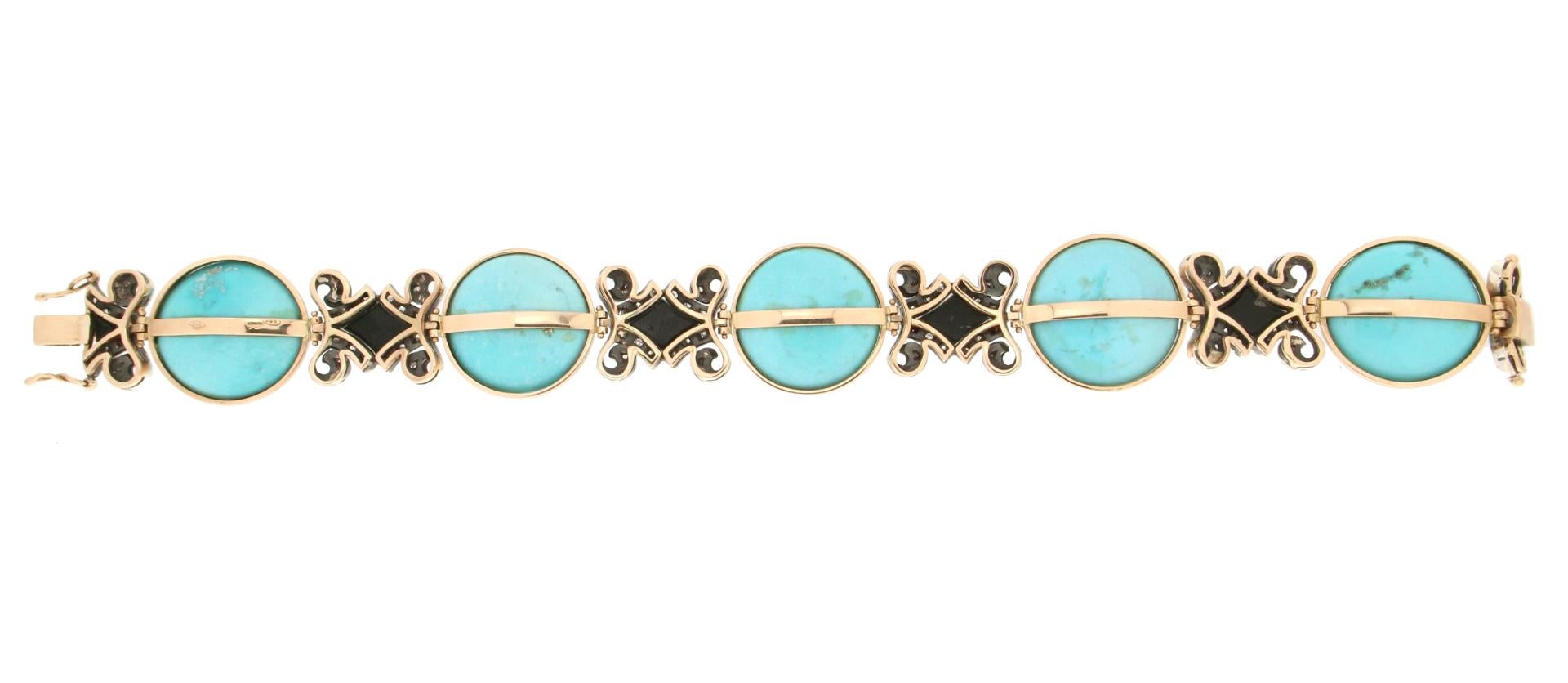 Artisan Handcraft Turquoise 14 Karat Yellow Gold Onyx Diamonds Cuff Bracelet For Sale